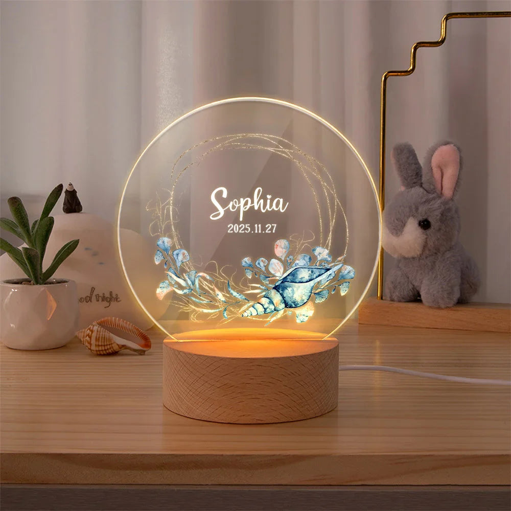 Veilleuse LED Acrylique Personnalisée – Prénom et Date avec Motif les créatures marines