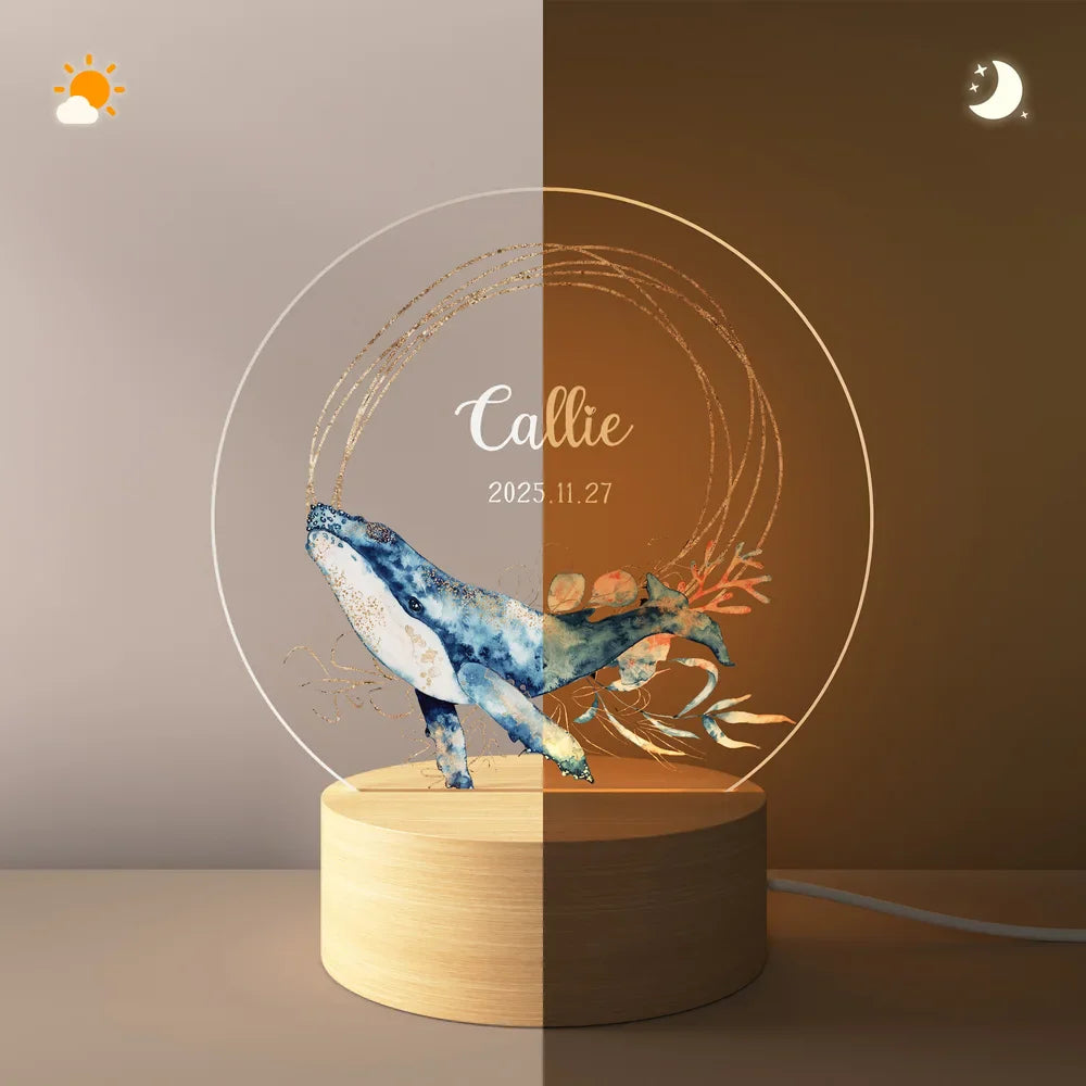 Veilleuse LED Acrylique Personnalisée – Prénom et Date avec Motif les créatures marines