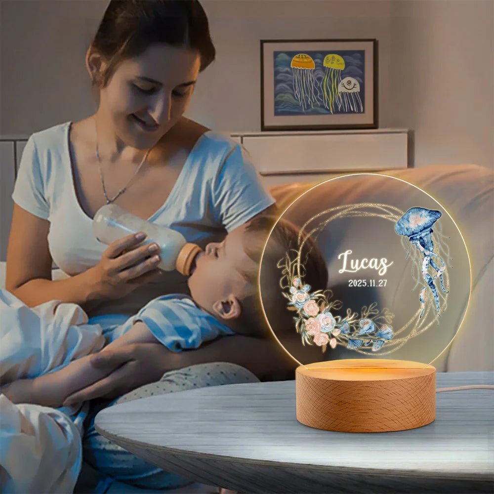Veilleuse LED Acrylique Personnalisée – Prénom et Date avec Motif les créatures marines