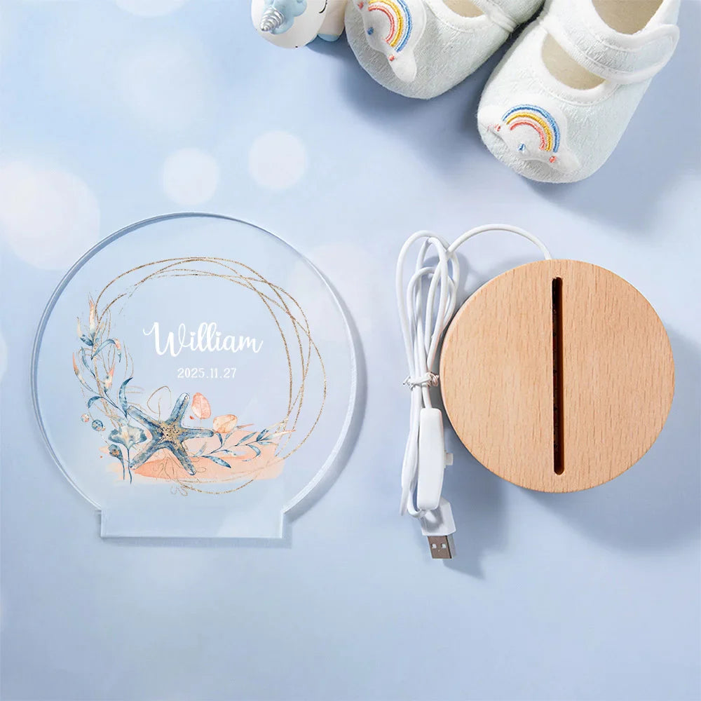 Veilleuse LED Acrylique Personnalisée – Prénom et Date avec Motif les créatures marines